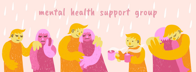Emotional support group concept. Header or social media cover, pink background.