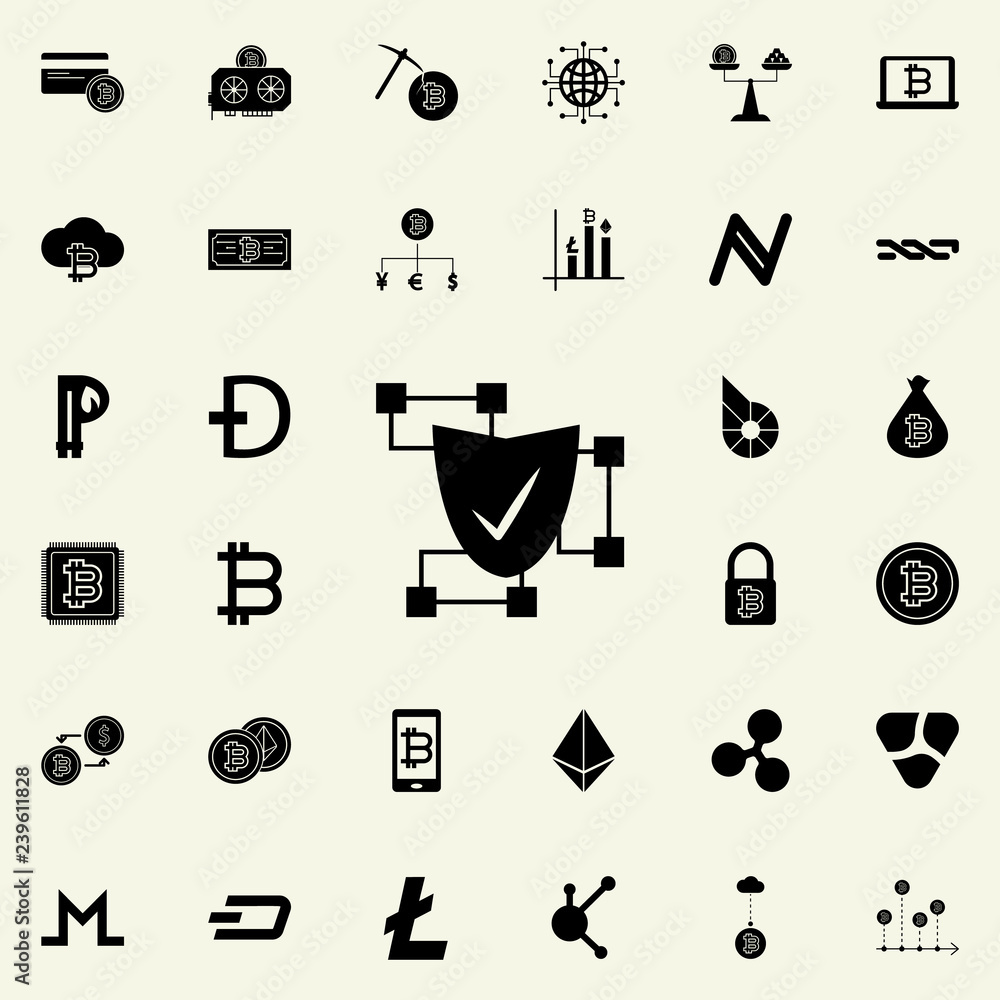 Poster blockchain shield icon. crypto currency icons universal set for web and mobile