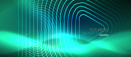 Neon glowing techno lines, hi-tech futuristic abstract background template with geometric shapes
