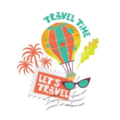 Travel illustration vector set with Eiffel tower, balloon, post stamp, glasses, suitcase, hand fun