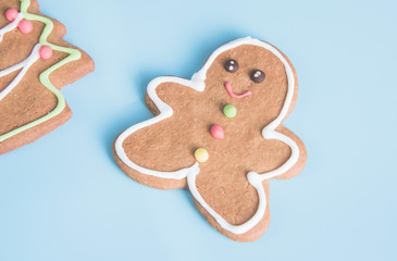Christmas gingerbread cookies isolated on light blue pastel background