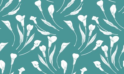 White Callas on a green background. Seamless vector pattern. - obrazy, fototapety, plakaty