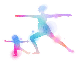 Fototapeta na wymiar Happy mom and child exercise silhouette on watercolor background. Mother and kid doing yoga. Mother's day. Health care concept. Digital art painting