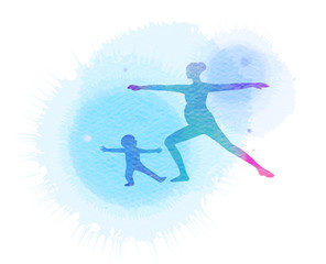 Happy mom and child exercise silhouette on watercolor background. Mother and kid doing yoga. Mother's day. Health care concept. Digital art painting