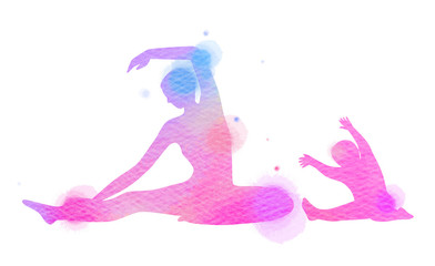 Happy mom and child exercise silhouette on watercolor background. Mother and kid doing yoga. Mother's day. Health care concept. Digital art painting