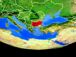 Bulgaria from space on model of planet Earth with country borders.
