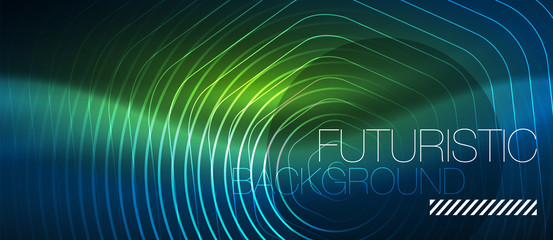 Neon glowing lines, magic energy space blue light concept, abstract background wallpaper design