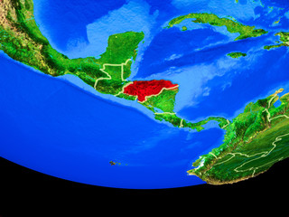 Honduras from space on model of planet Earth with country borders.
