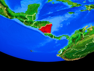 Nicaragua from space on model of planet Earth with country borders.