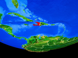 Haiti from space on model of planet Earth with country borders.