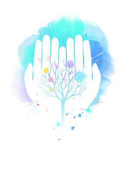 Double exposure illustration. Human hands holding tree symbol with watercolor. Concept illustration for environment care or help project. Digital art painting