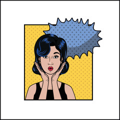 woman with black hair and speech bubble pop art style