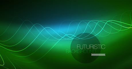 Abstract shiny glowinng color wave design element on dark background - science or technology concept