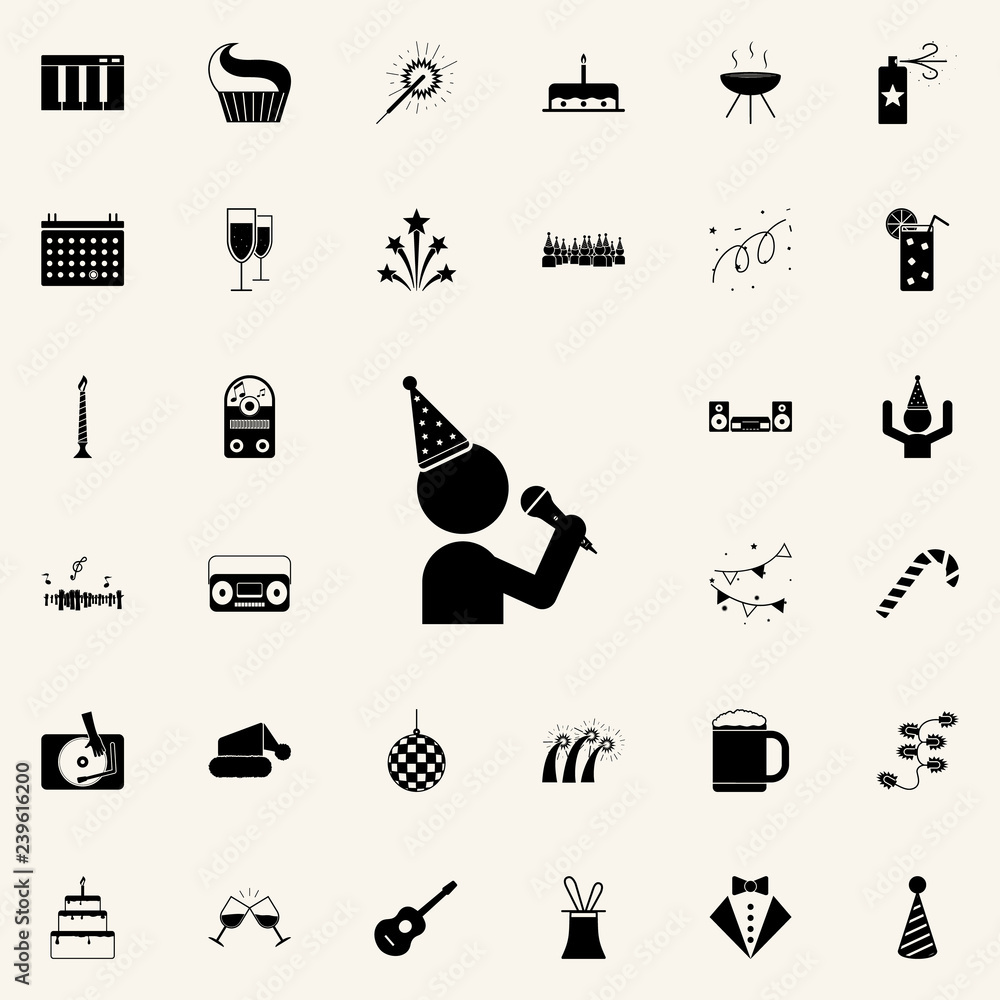 Poster a man with a microphone and a party hat icon. party icons universal set for web and mobile