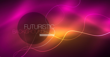 Abstract shiny glowinng color wave design element on dark background - science or technology concept