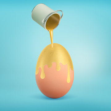 3d Rendering Of A Overturned Metal Bucket Leaks Golden Paint All Over A Giant Chicken Egg On A Blue Background.