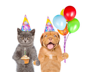 Cat and Dog in party hats holding balloons and cupcake with a burning candle. isolated on white background