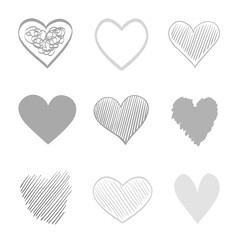 Hand drawn hearts on isolated white background. Set of love signs. Unique illustration for design. Line art creation. Black and white illustration. Elements for poster or flyer