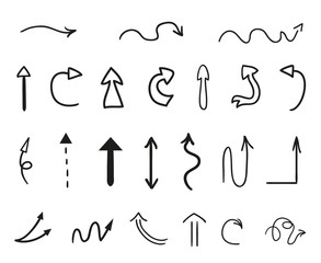 Hand drawn tangled abstract arrows on isolated white background. Line art. Set of different pointers. Black and white illustration. Doodles for artwork
