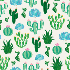 Illustration of various cactuses and succulent plants. Vector seamless embroidery pattern, decorative textile ornament, pillow or bandana decor. Bohemian handmade style background design. - 239620456