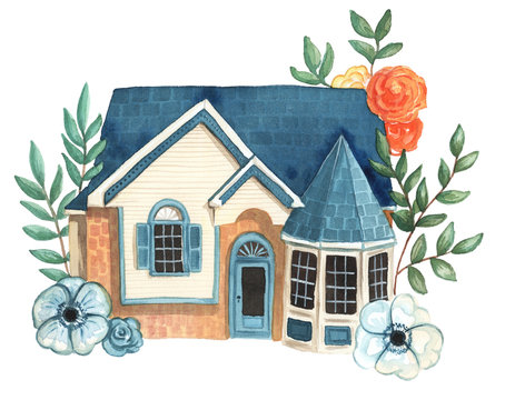 Watercolor house illustration clipart with florals and flowers