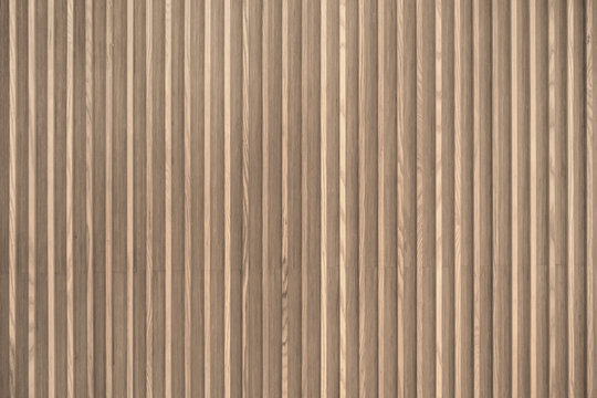 Wood slats, timber battens wall pattern surface texture. Close-up of interior material for design decoration background