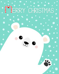 Merry Christmas. Big white polar bear waving hand paw print. Cute cartoon funny kawaii baby character. Happy New Year. Greeting Card. Flat design. Greeting card. Blue snow background.