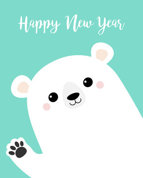 Happy New Year. White polar bear waving hand paw print. Cute cartoon funny kawaii baby character. Merry Christmas Greeting Card. Flat design. Blue background. Greeting card.