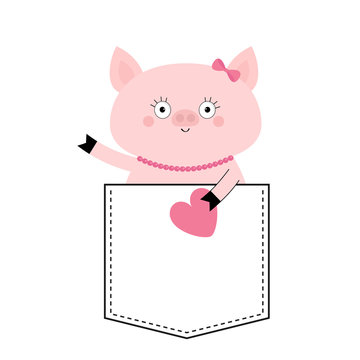 Pig face head in the pocket. Pink heart. Cute cartoon animals. Piggy piglet character. Dash line. White and black color. T-shirt design. Baby background. Isolated. Flat design.