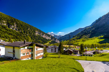 Chalet and hotels in swiss village in Alps, Leukerbad, Leuk, Vis