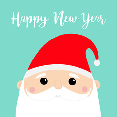 New Year. Santa Claus face head icon set. Merry Christmas. Red hat. Moustaches, beard. Cute cartoon funny kawaii baby character. Greeting card. Flat design. Blue background.