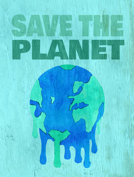 save the planet design on wood grain texture