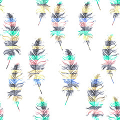 Watercolor seamless, texture, background. Seamless pattern with a watercolor pattern - bird feather. Vintage illustration. Multicolored stripes. Abstract background. 
