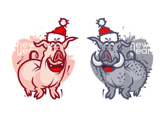 set pig and wild pig of Santa Claus Merry Christmas