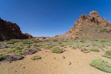 Fototapeta premium The lava fields of Las Canadas caldera of Teide volcano and rock formations - Roques de Garcia. Tenerife. Canary Islands. Spain.