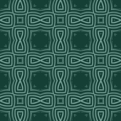 Seamless square pattern from teal geometrical abstract ornaments on a dark green background. Vector illustration can be used for textiles, wallpaper and wrapping paper