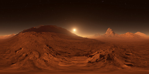 Sunset on Mars. Mars mountains, view from the valley. Panorama, environment 360 HDRI map. Equirectangular projection, spherical panorama