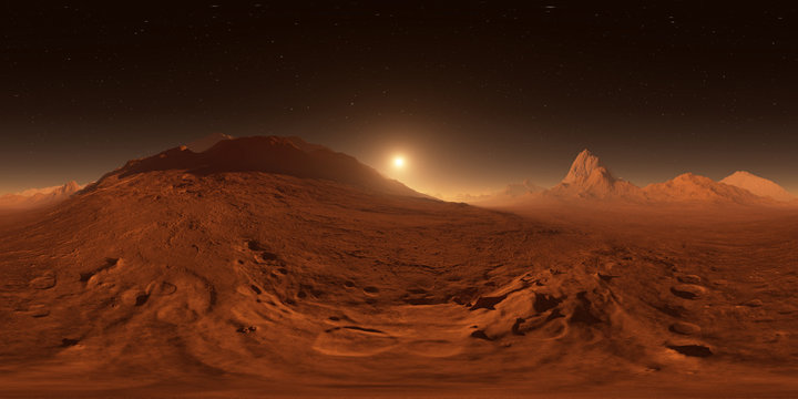 Fototapeta Sunset on Mars. Mars mountains, view from the valley. Panorama, environment 360 HDRI map. Equirectangular projection, spherical panorama