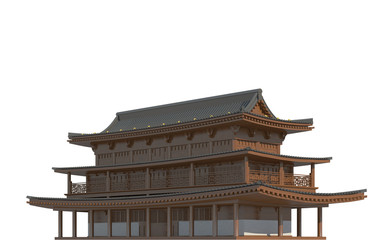 Old japanese building isolated on white background 3d illustration