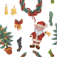 Seamless Christmas pattern. Set of Christmas items. Fireplace, Christmas tree on a white background.
