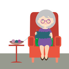 Flat design cartoon illustration of an old woman or grandmother. Sitting in a red armchair and wearing a sweater - vector