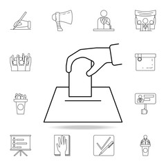 hand throws an election sheet icon. Detailed outline set of elections element icons. Premium graphic design. One of the collection icons for websites, web design