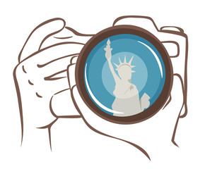 He is taking pictures of New York / Vector illustration, close-up image of a camera with a reflection of the city