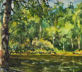 Summer green illustration trees river sunny coast watercolor