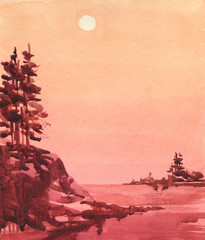 summer sunset red lake decorative illustration background