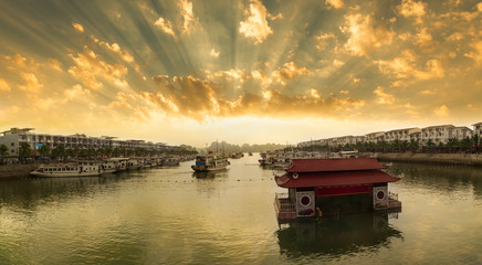 Fototapeta premium Tuan Chau port. Halong Bay tourist boat cruise. Vietnam Halong Bay is a tourist boat departure port. Outside the city center , Vietnam 