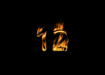 3D number 12 with flames black background