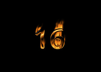 3D number 16 with flames black background