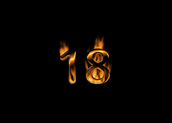 3D number 18 with flames black background