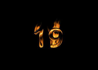 3D number 19 with flames black background